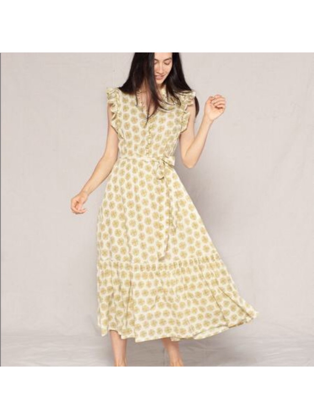Outerknown Cream and Olive Green Printed Maxi Dress